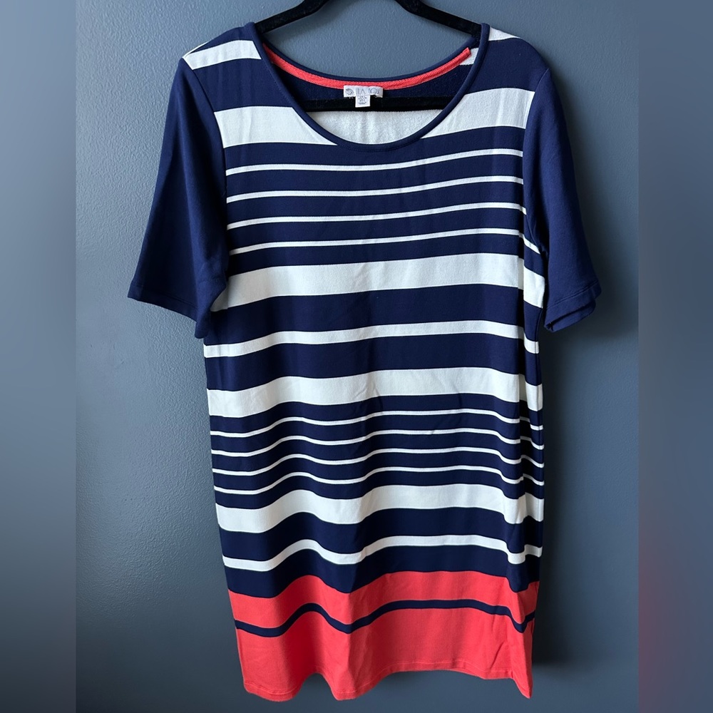 🧡💙 LILA ROSE women’s Dress stripe orange blue white short sleeve size large